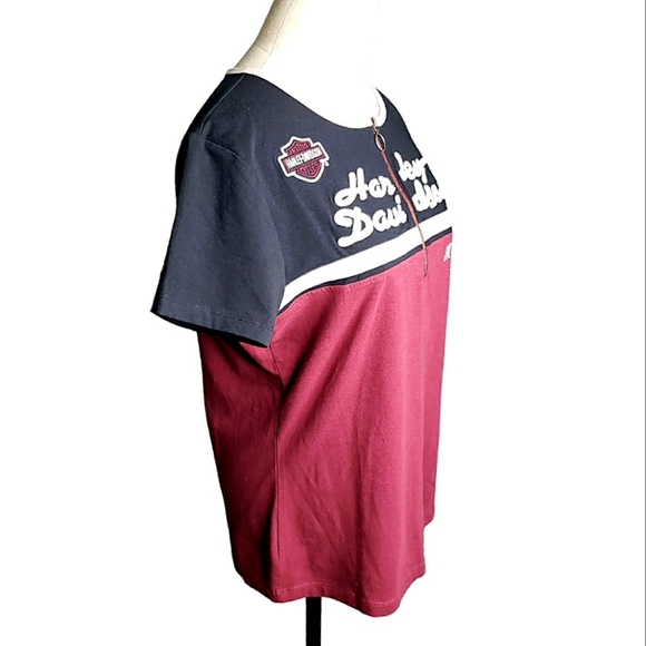 Harley Davidson Quarter Zip Colorblock Embroidered Applique Patch Hog Tee - Picture 4 of 12